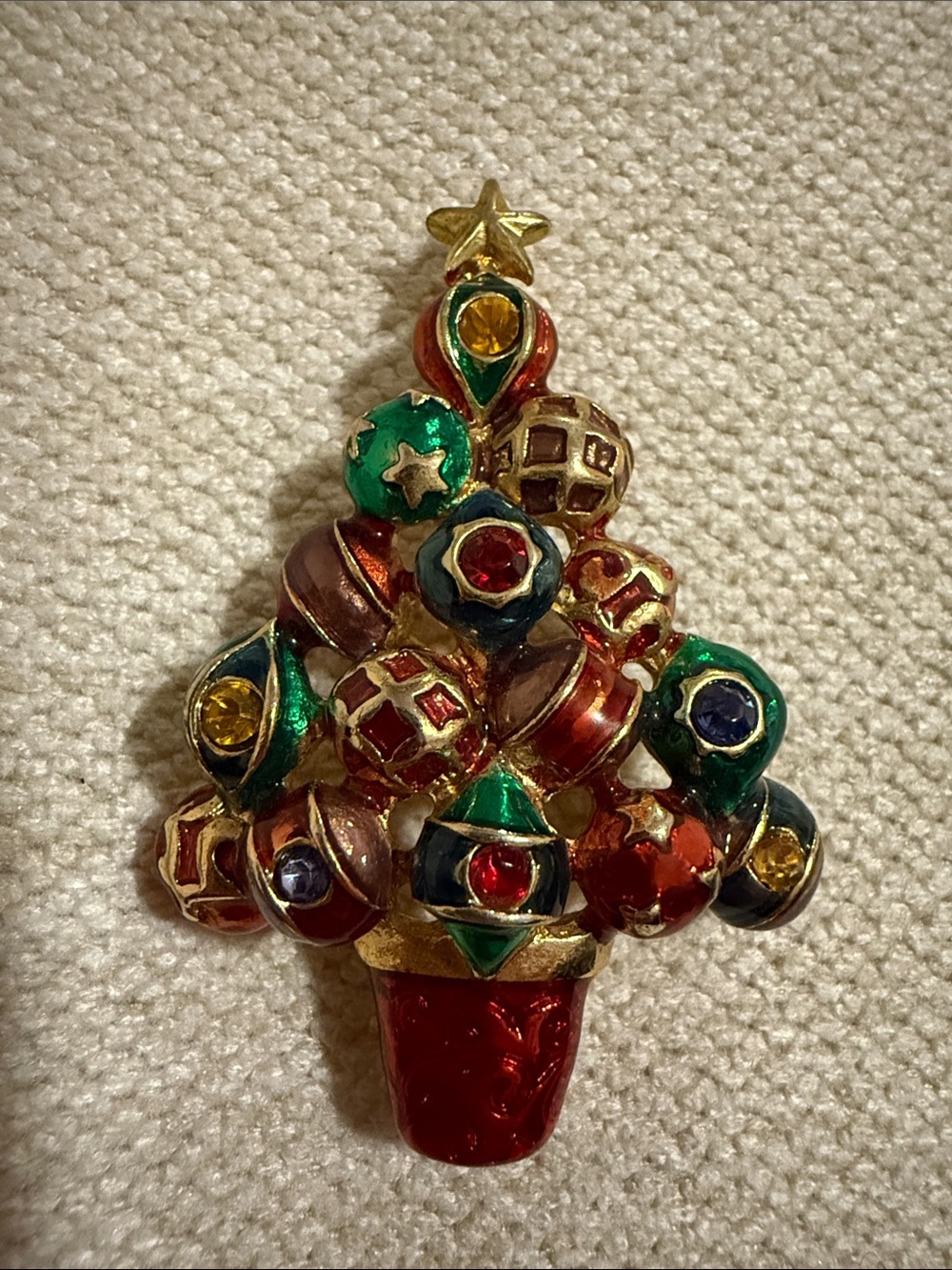 Christopher Radko Gold-Trimmed Red and Green Christmas Tree Ornament Brooch Pin